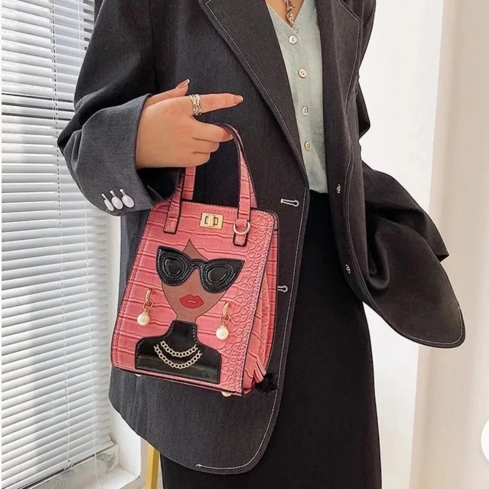 Pink SASSY CHIC LADY Bag with Face Design Adjustable size and crossbody handle